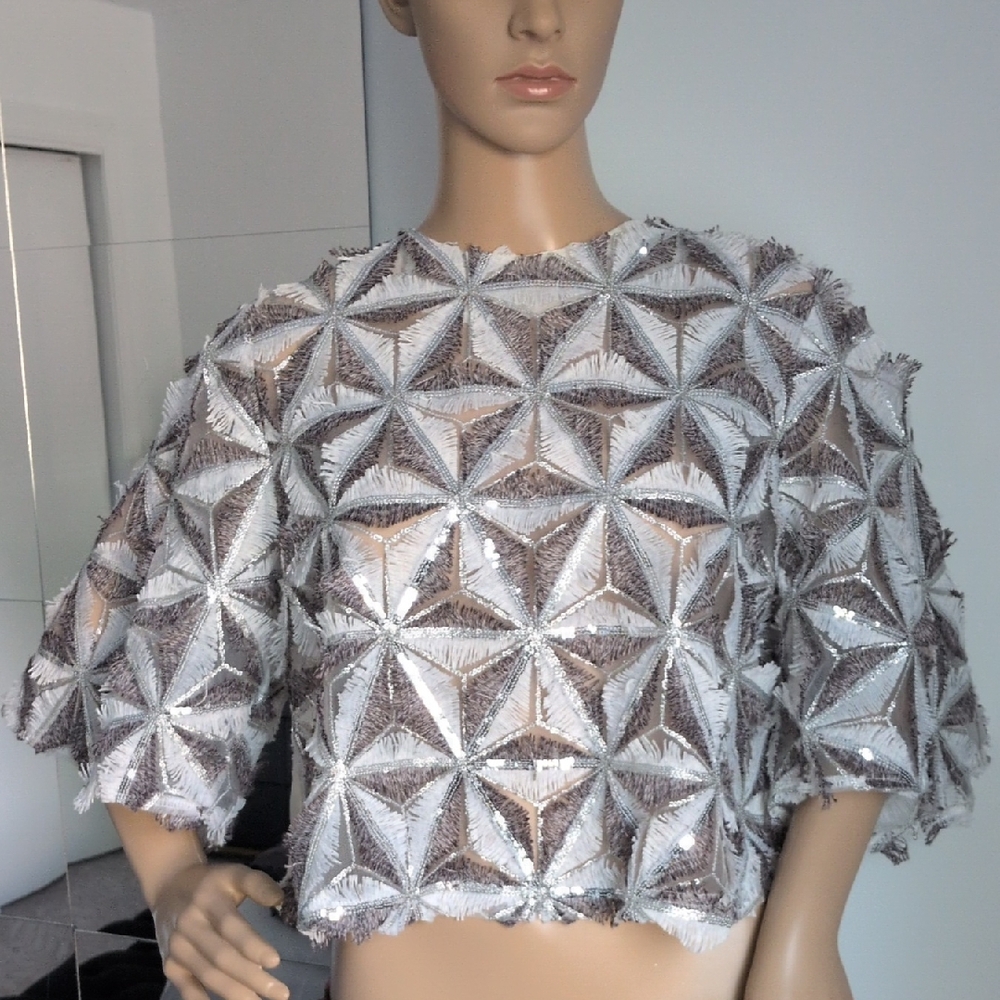 Gracia Silver Sequin Bell Sleeve Blouse